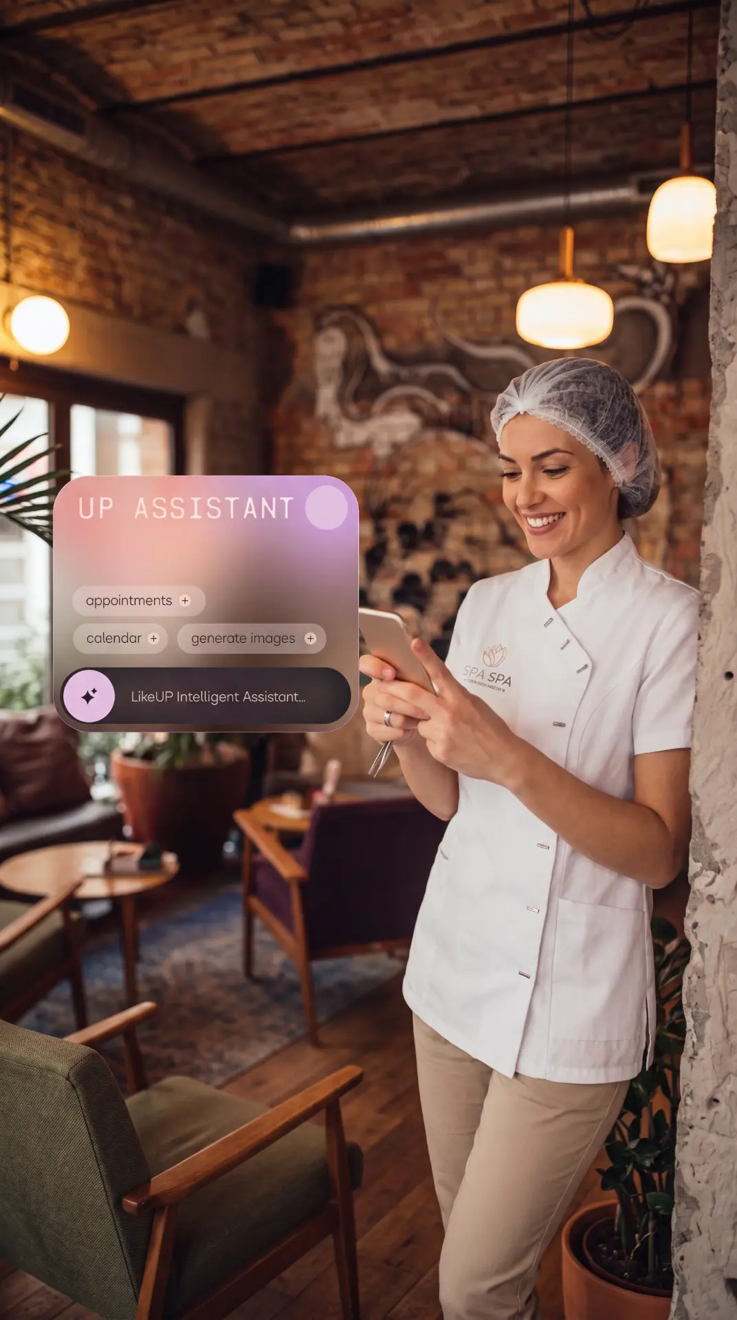 Esteticista usando o assistente LIKEUP no celular