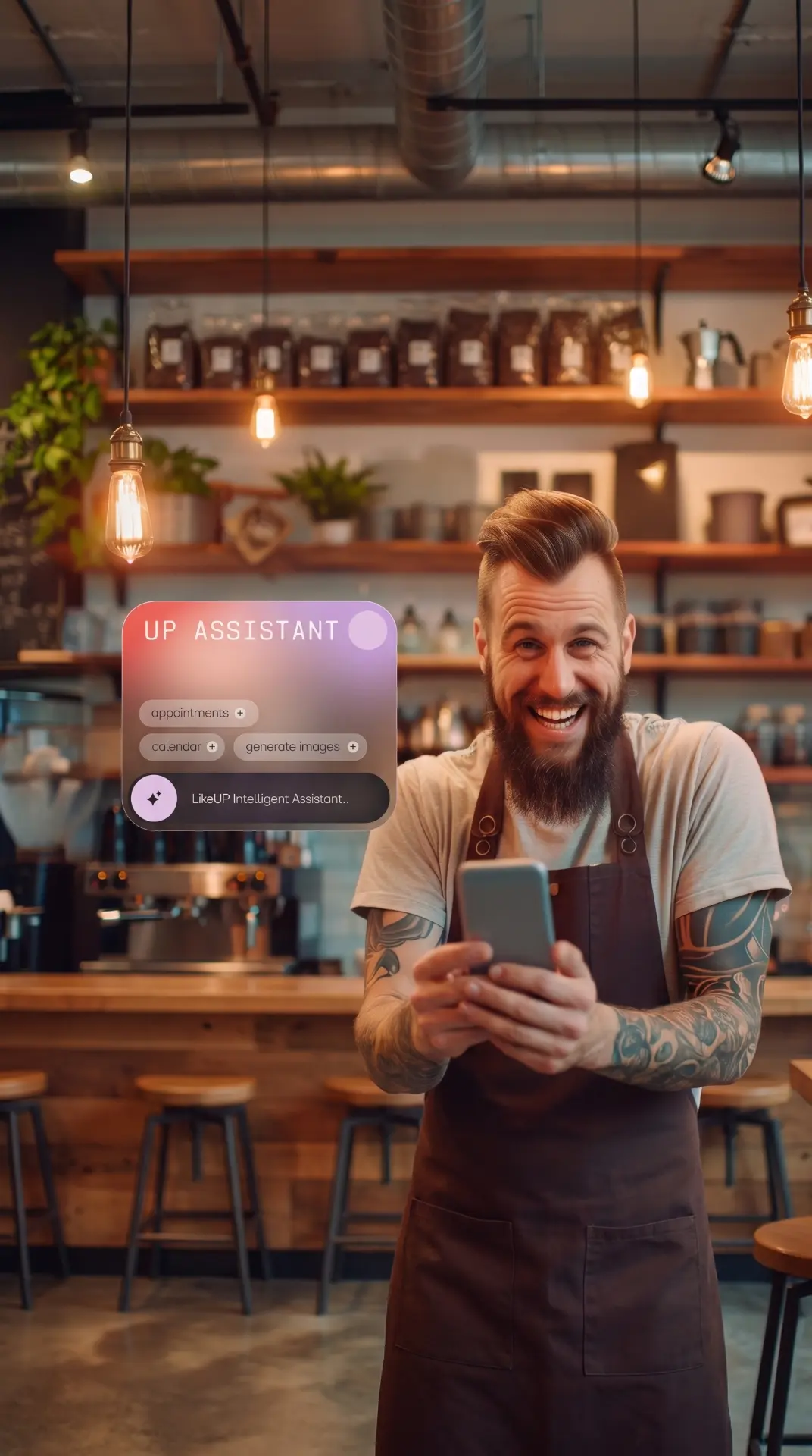 Barbeiro usando o assistente LIKEUP no celular